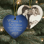 Adorno De Cerámica 1 Foto CUALQUIER Aniversario Saluda Corazón Azul y<br><div class="desc">¡Salud y Feliz Aniversario! Celebrar cualquier año aniversario de bodas con un personalizado de foto azul y dorado adorno de cerámica en forma de corazón. Imagen, número de años, nombres de pareja y fecha de matrimonio en esta plantilla son todos sencillos de personalizar. El diseño presenta un fondo metálico color...</div>