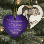 Adorno De Cerámica 1 Foto CUALQUIER Aniversario Saludo Púrpura y Oro<br><div class="desc">¡Salud y Feliz Aniversario! Celebrar cualquier año aniversario de bodas con una foto personalizado morada y adorno de cerámica en forma de corazón dorado. Imagen, número de años, nombres de pareja y fecha de matrimonio en esta plantilla son todos sencillos de personalizar. El diseño presenta un fondo metálico malva, una...</div>
