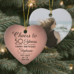 Adorno De Cerámica 1 Foto CUALQUIER Cumpleaños Cepillado Corazón de O<br><div class="desc">¡Salud y cumpleaños feliz! Celebra un alegre cumpleaños de hito para ella con un personalizado de foto corazón con forma de color rosa y cerámica negra adornado. Toda la redacción de esta plantilla (incluyendo "Saludos a 50 años") está configurada para un cumpleaños número 50, pero es fácil de personalizar para...</div>