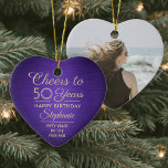 Adorno De Cerámica 1 Foto CUALQUIER cumpleaños cepillado morado y cor<br><div class="desc">¡Salud y cumpleaños feliz! Celebra un feliz cumpleaños de un hito con un personalizado de foto corazón en forma de morado y dorado adorno de cerámica. Toda la redacción de esta plantilla (incluyendo "Saludos a 50 años") está configurada para un cumpleaños número 50, pero es fácil de personalizar para cualquier...</div>