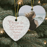 Adorno De Cerámica 1 Foto CUALQUIER NACIMIENTO Corazón de Mármol Blan<br><div class="desc">¡Salud y cumpleaños feliz! Celebra un feliz cumpleaños de hito para ella con un personalizado de foto corazón en forma de falso ornamento de cerámica de mármol. Toda la redacción de esta plantilla (incluyendo "Saludos a 50 años") está configurada para un cumpleaños número 50, pero es fácil de personalizar para...</div>