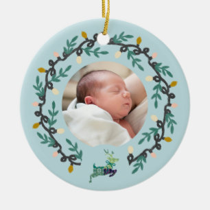 Adorno De Cerámica 1er Ciervo de Navidad con Corona Teal Personalizab