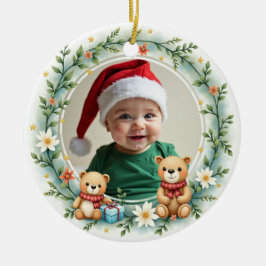 Adorno De Cerámica 1er Navidad 2 caras Oso Abrazos y Acebo