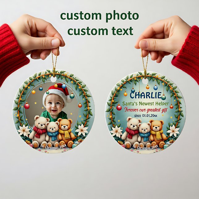 Adorno De Cerámica 1st Christmas 2 sided, Bear Hugs & Baubles (1st Christmas 2 sided, Bear Hugs & Baubles Ceramic Ornament)