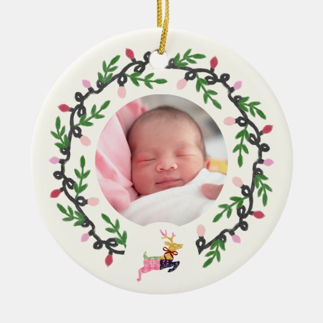 Adorno De Cerámica 1st Christmas Deer with Wreath Customize (Frente)