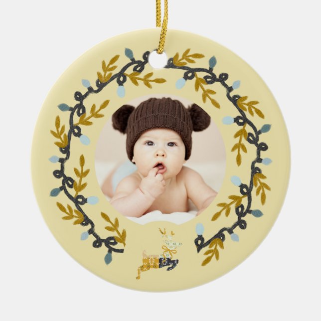 Adorno De Cerámica 1st Christmas Deer with Wreath Soft Yellow  (Frente)