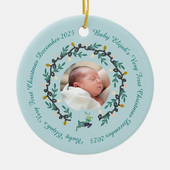 Adorno De Cerámica 1st Christmas Deer with Wreath Teal2 (Frente)