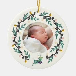 Adorno De Cerámica 1st Christmas Deer with Wreath Teal Cream