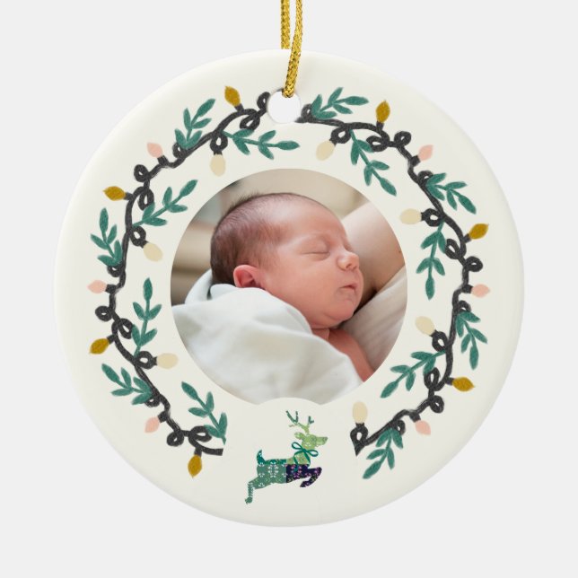 Adorno De Cerámica 1st Christmas Deer with Wreath Teal Cream (Frente)