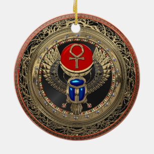 Adorno De Cerámica [200] Sagrado Scarab egipcio alado de oro con Ankh