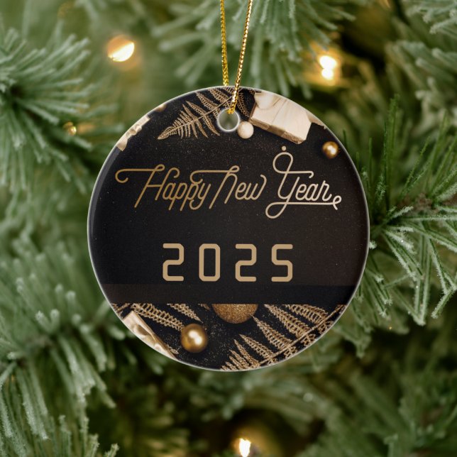 Adorno De Cerámica 2025 Feliz Año Nuevo Personalizado Negro Oro Negoc (Árbol)