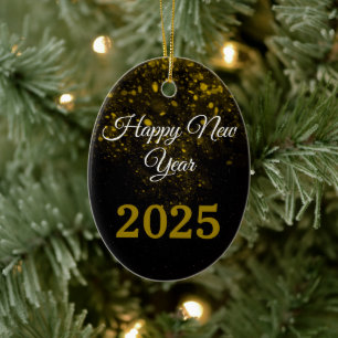 Adorno De Cerámica 2025 Feliz Año Nuevo Purpurina brillante Fiesta