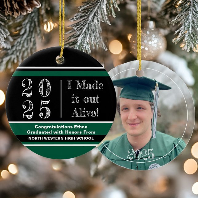 Adorno De Cerámica 2025 Green and Black Photo Graduation (2025 Green and Black Photo Graduation Ceramic Ornament)