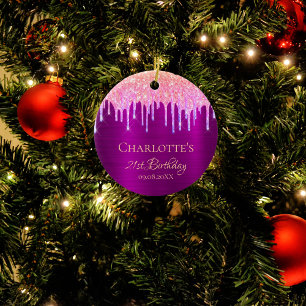 Adorno De Cerámica 21 años purpurina morado arco iris gracias