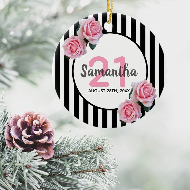 Adorno De Cerámica 21 años rosas rosas rosas negras rayas blancas (Subido por el creador)