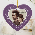 Adorno De Cerámica 22nd Wedding Anniversary Photo<br><div class="desc">Celebrate a 22nd happy year of marriage with a custom photo ornament in a delightful heart shape frame. Simply upload your own photo of the married couple and it will appear in the cutout. The soft purple surround features a white script font and decorations. The words are: 22nd Wedding Anniversary...</div>