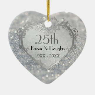 Adorno De Cerámica 25º aniversario del Boda Sparkle Silver Heart