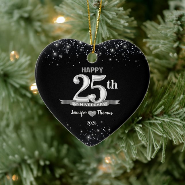 Adorno De Cerámica 25.º Boda Purpurina  Silver Personalizado (Árbol)