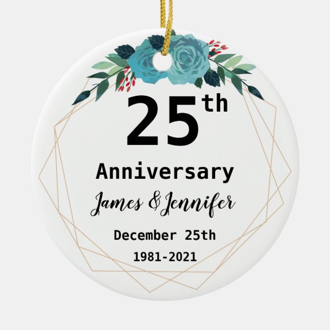 Adorno De Cerámica 25° Aniversario Boda Nombres personalizados y año (Frente)