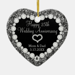 Adorno De Cerámica 25th Silver Glitter Wedding Anniversary Keepsake