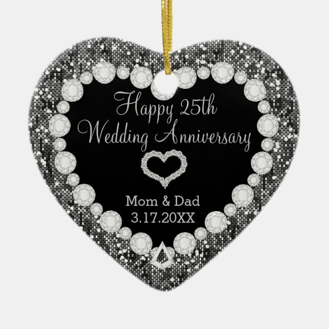 Adorno De Cerámica 25th Silver Glitter Wedding Anniversary Keepsake (Frente)