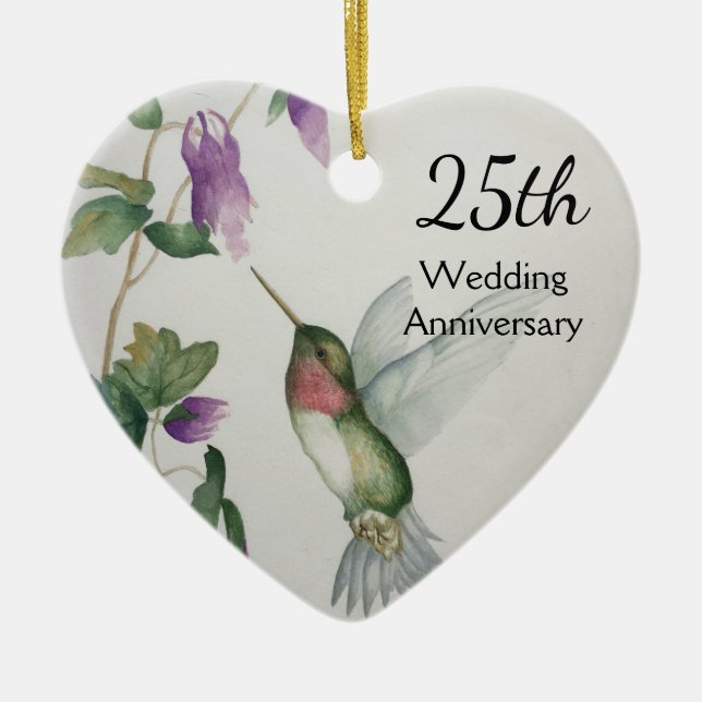 Adorno De Cerámica 25th Wedding Anniversary Pretty Bird Flower Heart (Frente)