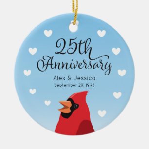 Adorno De Cerámica 25to Aniversario, cardenal y corazones de boda