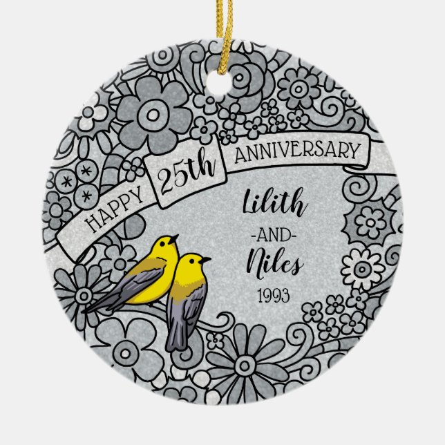 Adorno De Cerámica 25to aniversario personalizado, pájaros florales (Frente)