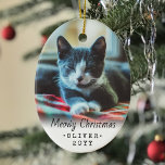 Adorno De Cerámica 2 Foto Cualquier Navidad de texto Meowy Gato Blanc<br><div class="desc">Celebra las simples alegrías de tu peludo miembro de la familia con un adorno de cerámica ovalada personalizado 2. Las imágenes de texto y gatito de esta plantilla son fáciles de personalizar y pueden ser diferentes o iguales en la parte delantera y posterior. Si es preferible, cambie "Navidades Meowy" por...</div>