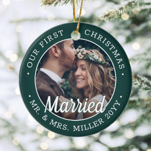 Adorno De Cerámica 2 Foto recién casados 1er Navidad, verde y blanco