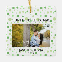 Adorno De Cerámica 2 fotos Green Polka Dot First Christmas Engered