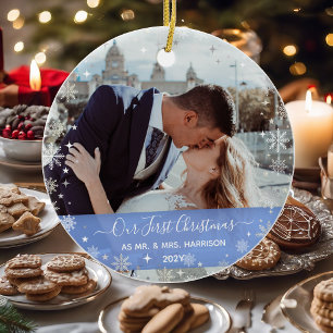 Adorno De Cerámica 2 Fotos (Vert+H) Primer Navidad Sr. Mrs Snowflakes