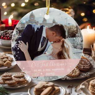 Adorno De Cerámica 2 Fotos (Vert+H) Primer Navidad Sr. Mrs Snowflakes