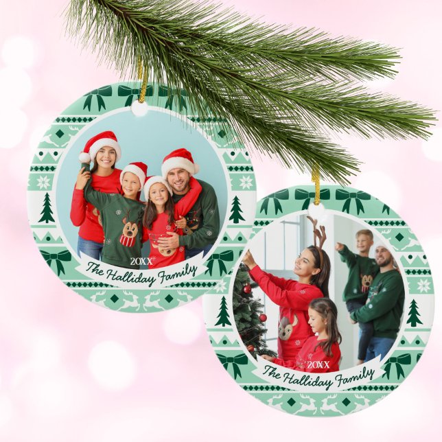 Adorno De Cerámica 2 Navidades de fotografía familiares Sweater Mint  (2 Family Photo Christmas Sweater Mint Green Ceramic Ornament)