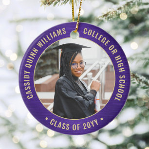 Adorno De Cerámica 2 Photo Graduation Elegant Brushed Purple and Gold