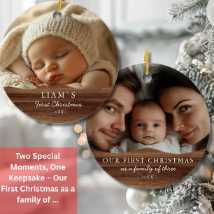 Adorno De Cerámica 2 Primera Navidad del bebé de una foto - Madera rú
