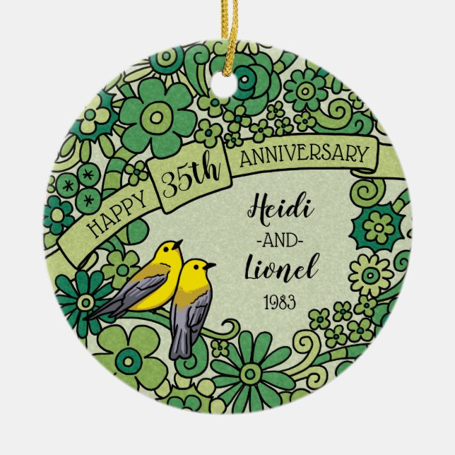 Adorno De Cerámica 35to aniversario personalizado, pájaros florales (Frente)