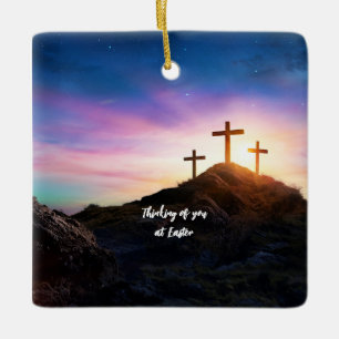Adorno De Cerámica 3 cruces pensando en ti en Pascua. Editable
