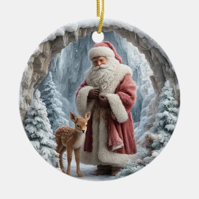 Adorno De Cerámica 3D Santa and Deer Ceramic Christmas Ornament (Frente)
