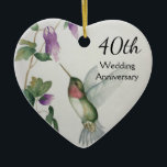 Adorno De Cerámica 40.º aniversario de Boda Bonito Flores de pájaro c<br><div class="desc">Celebrar un especial 40 aniversario de bodas con un adorno de corazón personalizado. El diseño del colibrí de bonito y las flores fue creado a partir de mi pintura acuarela original en tonos pastel de rosa,  crema,  gris y verde. Disfrute de este adorno festivo y de un romanticismo.</div>