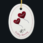 Adorno De Cerámica 40.º boda de rubí aniversario regalo de marido y m<br><div class="desc">Regalo personalizado del 40 aniversario del boda de rubí para un esposo y esposa o mamá y papá celebrando cuarenta maravillosos años de matrimonio. El diseño muestra dos globos rojos de corazón rosado con los nombres de la pareja especial. Los nombres mostrados y el número de aniversario mostrado se pueden...</div>