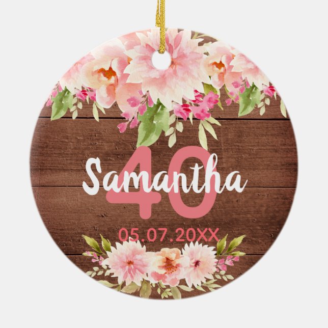 Adorno De Cerámica 40.º nombre de madera marrón rosa floral (Atrás)
