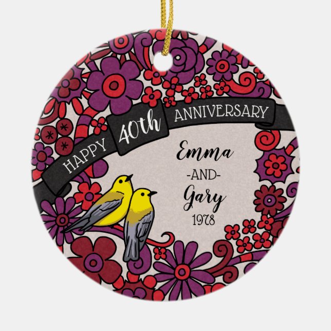 Adorno De Cerámica 40.o aniversario personalizado, pájaros florales (Frente)
