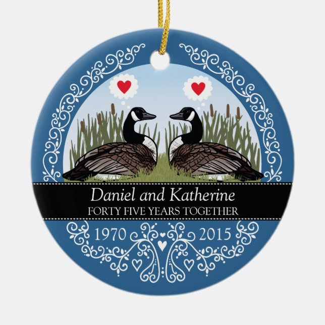 Adorno De Cerámica 45.o aniversario de boda personalizado, gansos (Frente)