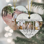 Adorno De Cerámica 4 Foto Primera Navidad Corazón de Mármol Faux<br><div class="desc">Celebra la alegre primera festividad de tu compromiso con un collage de fotos en forma de corazón en forma de personalizado "Nuestra primera Navidad comprometida" con un adorno de cerámica de mármol falso. Todos los textos e imágenes de esta plantilla son fáciles de personalizar. (IMAGEN PLACEMENT TIP: Una manera fácil...</div>