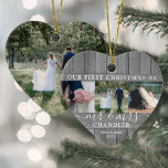 Adorno De Cerámica 4 Foto Sr. y Sra. 1st Navidades Faux Wood Heart<br><div class="desc">Celebrar una feliz primera festividad como pareja casada con un collage de fotos de personalizado 4 "Nuestra primera Navidad como señor. y la señora", adorno de cerámica en forma de corazón. Todos los textos e imágenes de esta plantilla son fáciles de personalizar. (IMAGEN PLACEMENT TIP: Una manera fácil de centrar...</div>