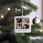 Adorno De Cerámica 4 Fotos Feliz Navidad<br><div class="desc">Eleva tu decoración de vacaciones con este adorno de cerámica de 4 Photo Merry Christmas. Este diseño atemporal y elegante te permite mostrar tus preciadas fotos de vacaciones. Agrega un toque personalizado a tu árbol de Navidad o crea un regalo memorable para los seres queridos. Para modificar detalles, haga clic...</div>