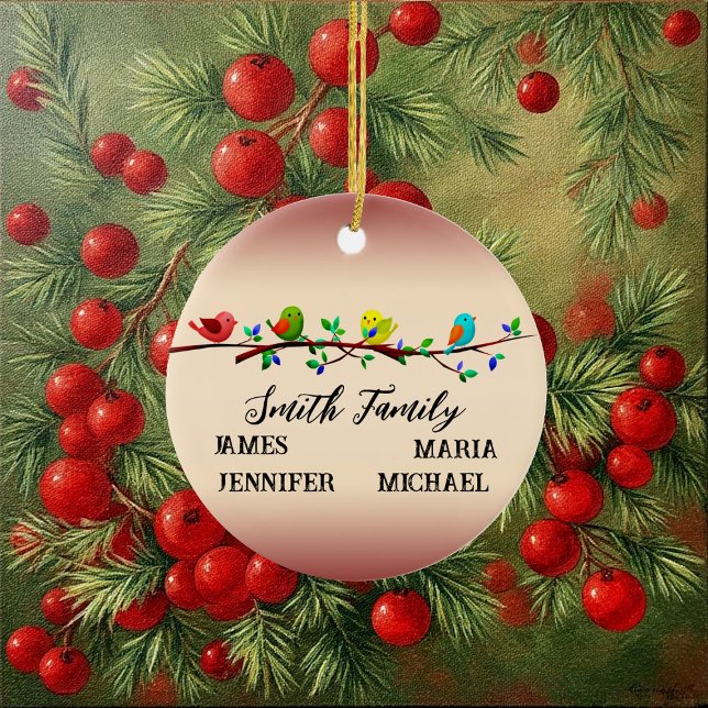 Adorno De Cerámica 4 Miembros de la familia Nombre personal Navidades (4 Family Members Personalized Name Christmas Birds Ceramic Ornament)
