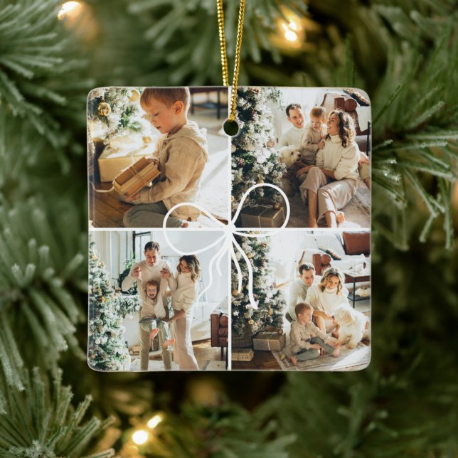 Adorno De Cerámica 4 Photo Bow Wrap Christmas Family Keepsake (Árbol)