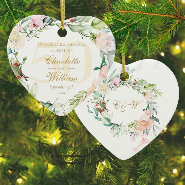 Adorno De Cerámica 50.º Monograma Floral de Aniversario de Oro (50th Golden Wedding Anniversary Floral Monogram Ceramic Ornament)